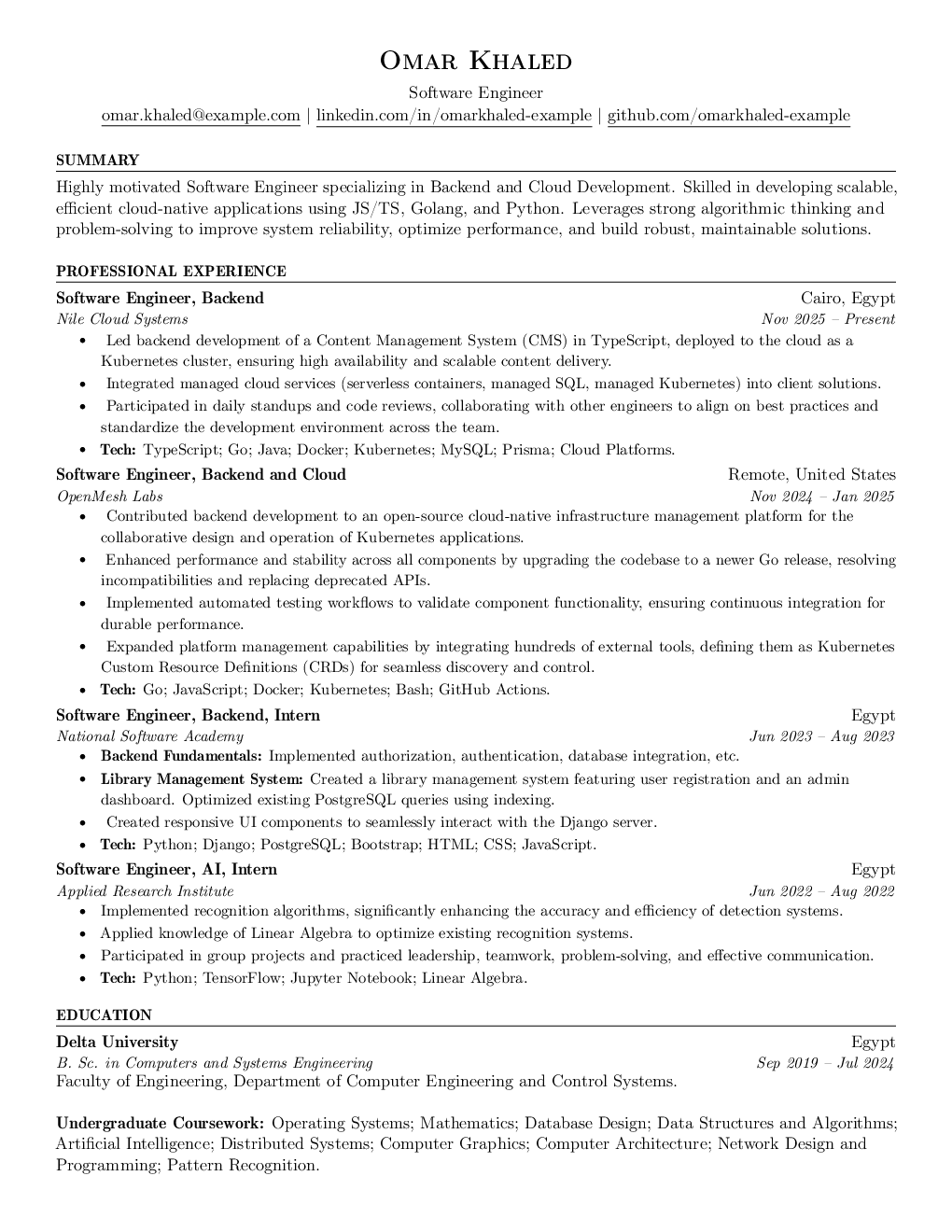 Classic one-column resume template — a compiled one-page PDF