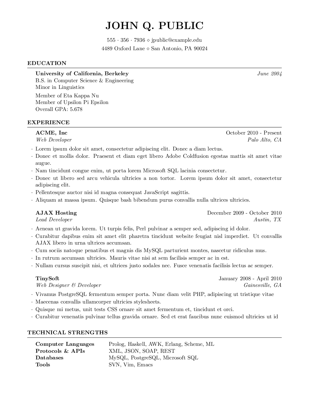 Roomy serif resume template — a compiled one-page PDF