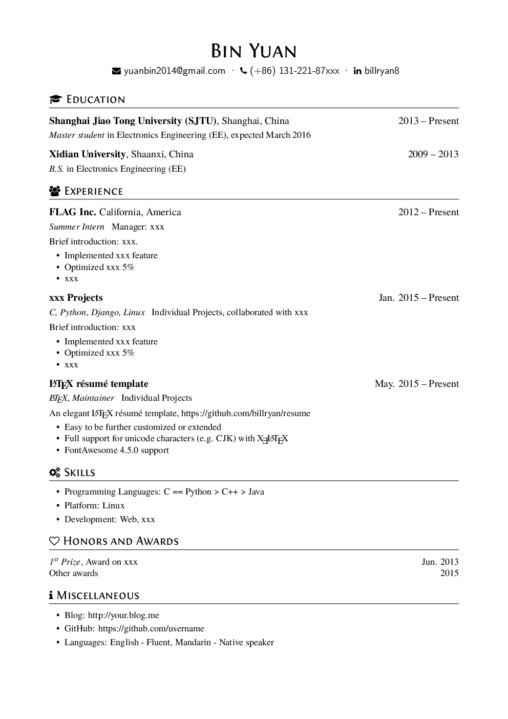 Compact with icons resume template — a compiled one-page PDF