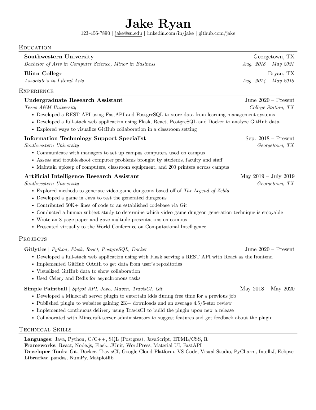 Jake’s classic resume template — a compiled one-page PDF