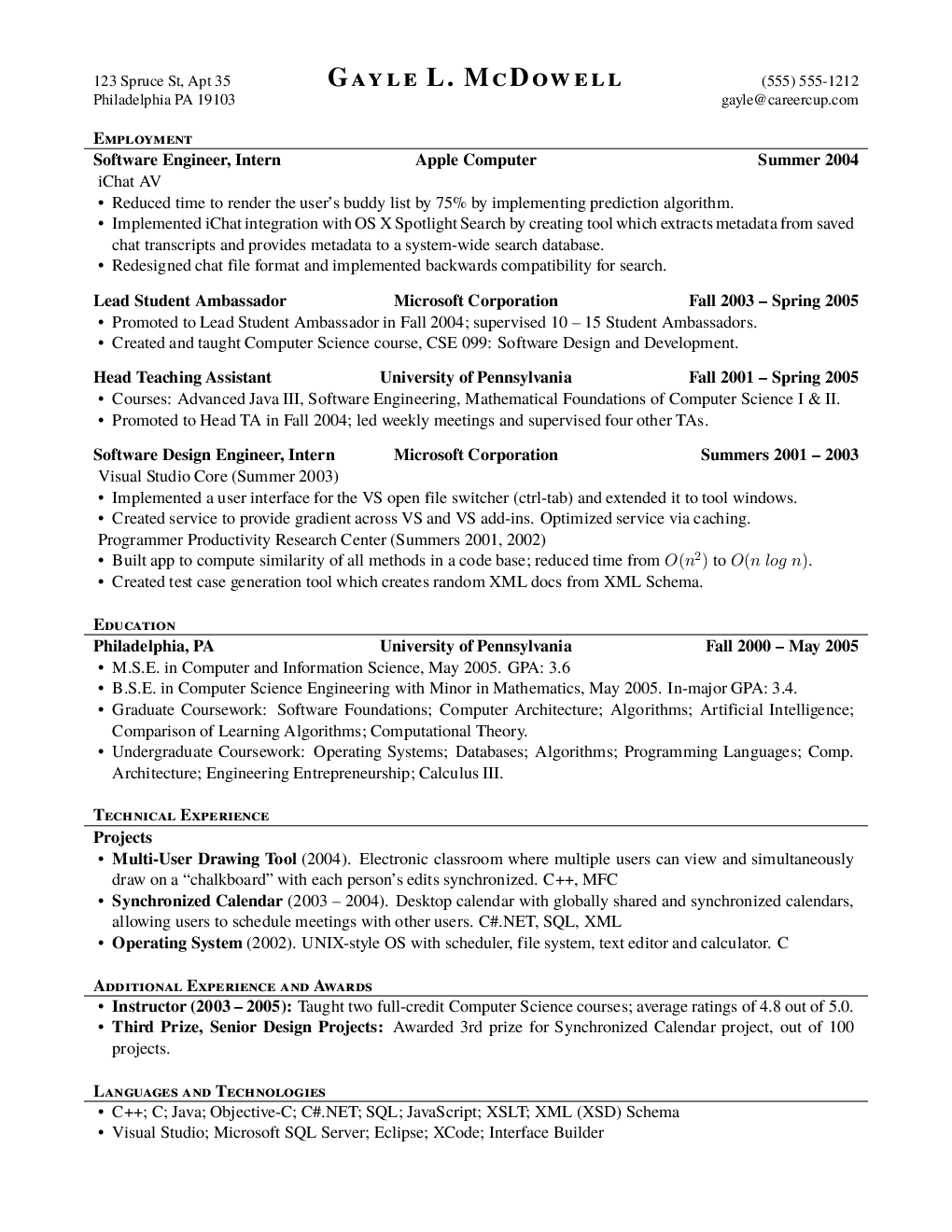 Elegant small caps resume template — a compiled one-page PDF